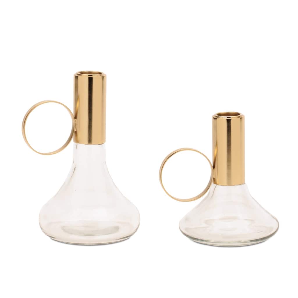 Modern Metal Taper Candle Holder with Glass Base (Set of 2)