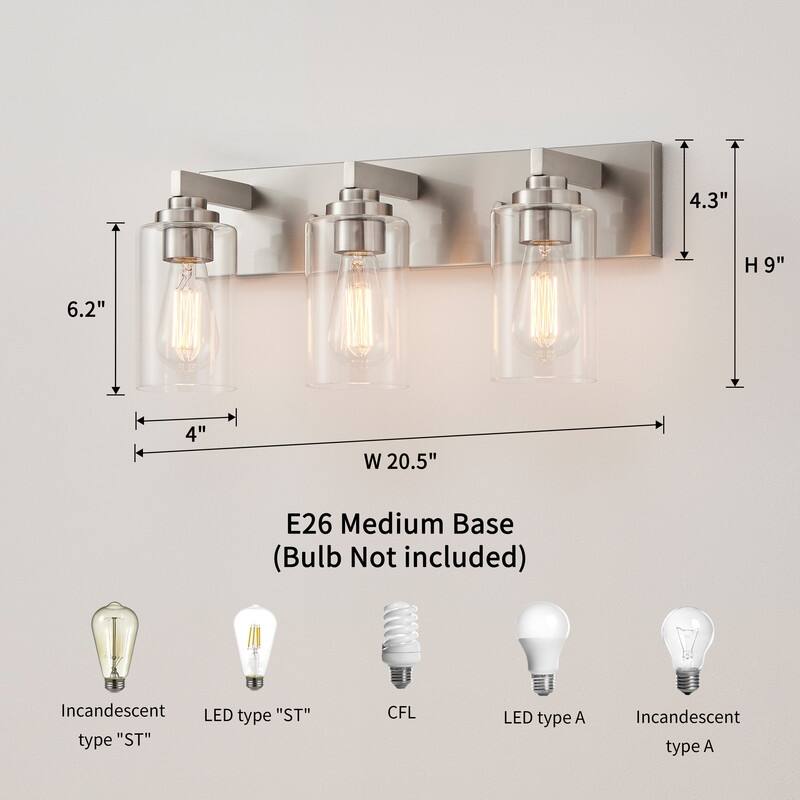 KAWOTI 3-Light Bathroom Vanity Light with Clear Glass Shade