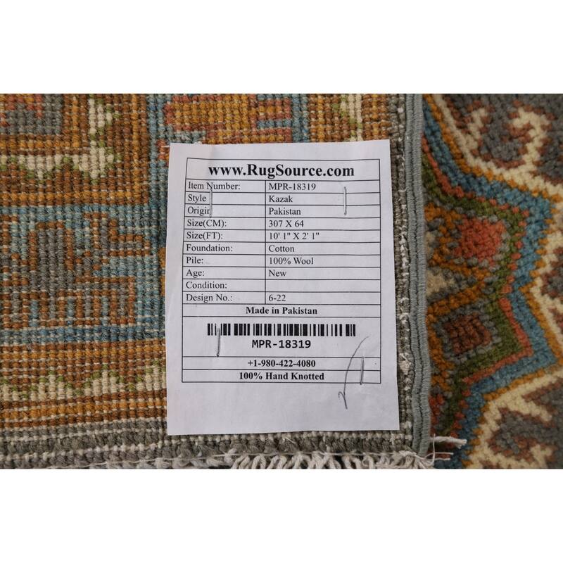Gray Geometric Kazak Oriental Runner Rug Handmade Grey Wool Carpet - 2'1" x 10'1"