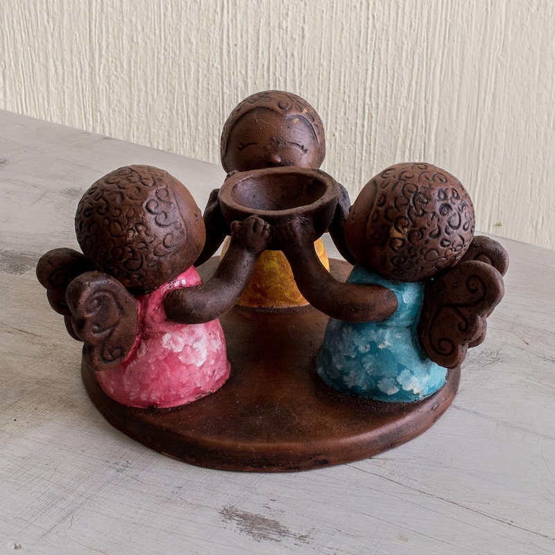 Novica Handmade Angel Trio Ceramic Tealight Candleholder