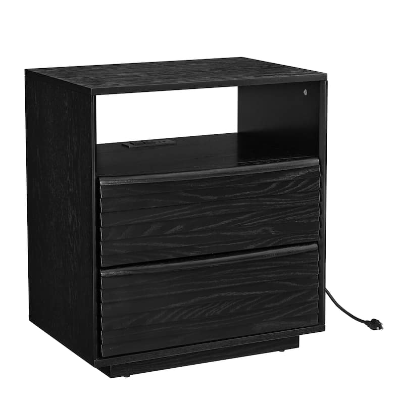 Mid Century Nightstand with Charging Station & 2 Drawers