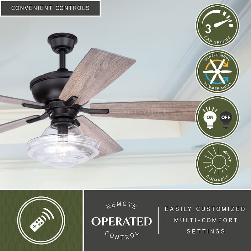 Huntley 52-in. Bronze Farmhouse Indoor Ceiling Fan with Schoolhouse LED Light Kit and Remote - 52-in W x 21.7-in H x 52-in D