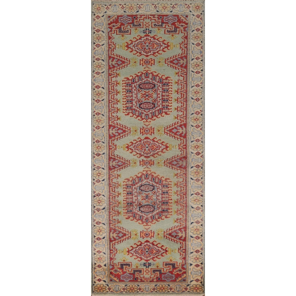 Green Geometric Viss Indian Runner Rug Hand-Knotted Wool Carpet - 2'6"x 7'11"