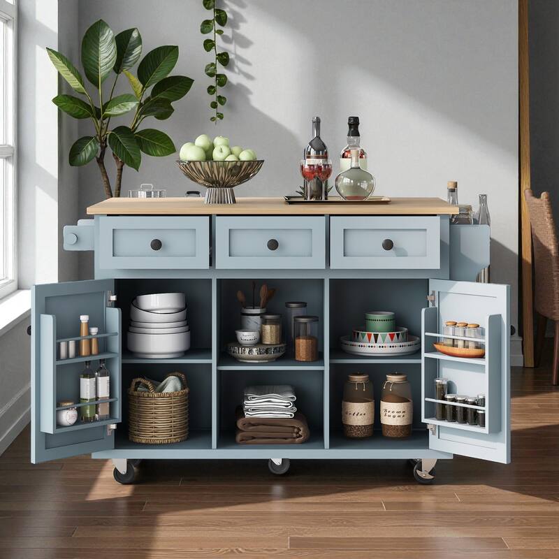53" Kitchen Island Cart with Rubber Wood Drop Leaf, Rolling Storage Cabinet with Drawers, Spice & Towel Rack