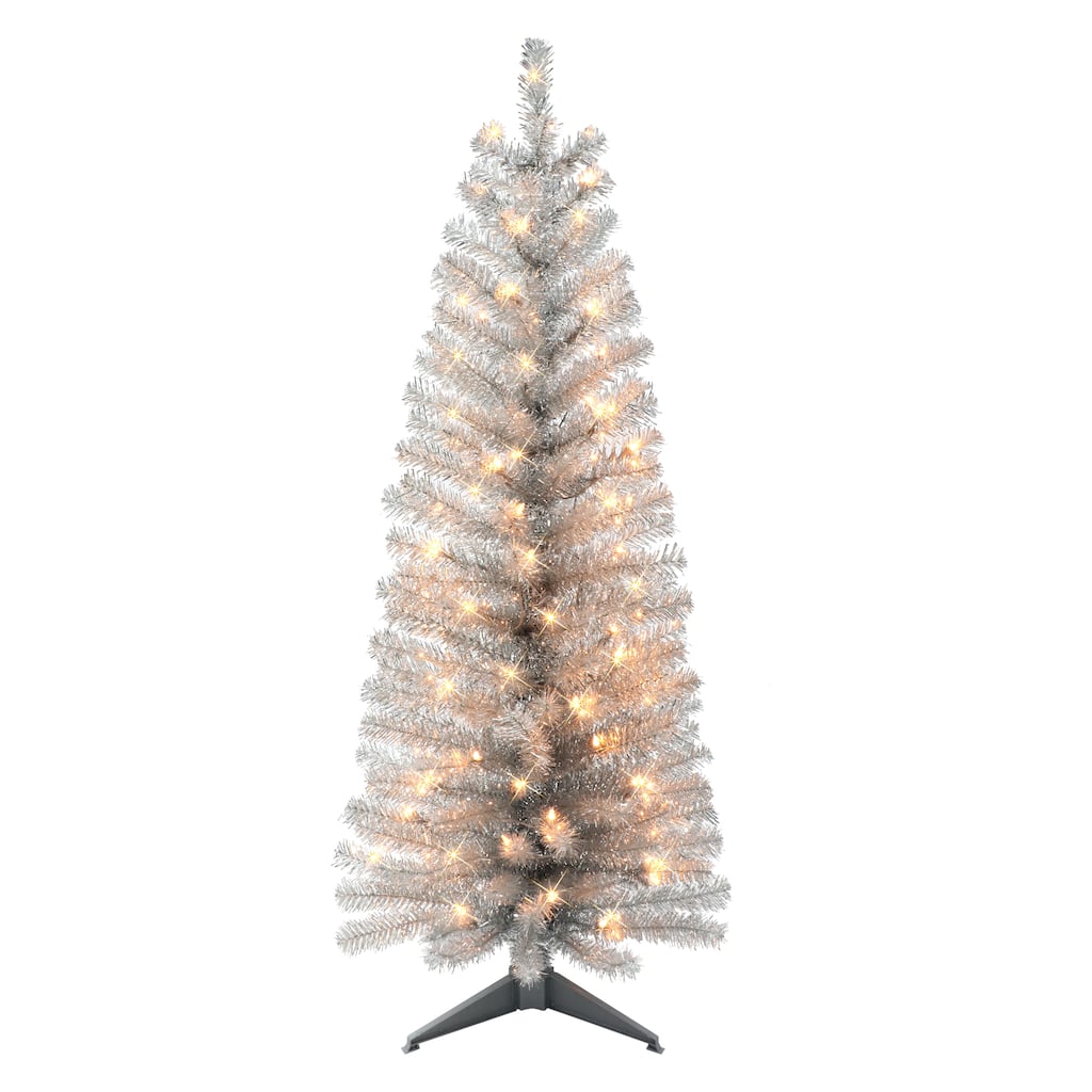Puleo International 4.5 ft. Pre-lit Silver Tinsel Tree