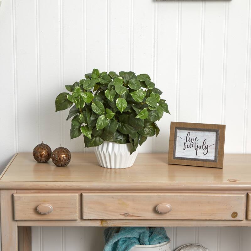 Artificial Philodendron Plant in Glass Vase Home Decor Greenery Modern Faux Plant Arrangement - Green - 16