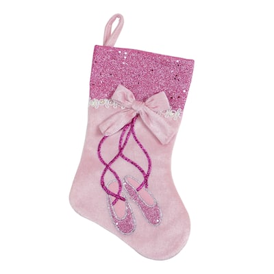 14" Pink and Silver Ballerina Shoes Christmas Stocking with Glitter Cuff and Bow