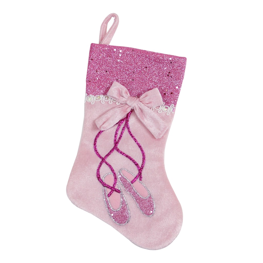 14" Pink and Silver Ballerina Shoes Christmas Stocking with Glitter Cuff and Bow