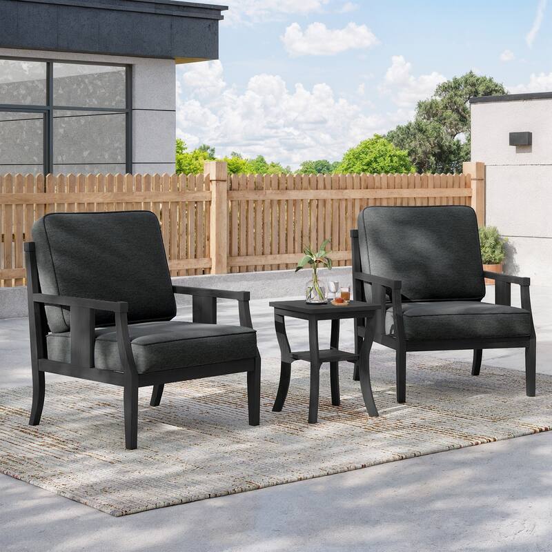 3-Piece Solid Teak Outdoor Patio Furniture Set Armchairs & Storage Table - Blackframe-Dark Grey - Black Frame