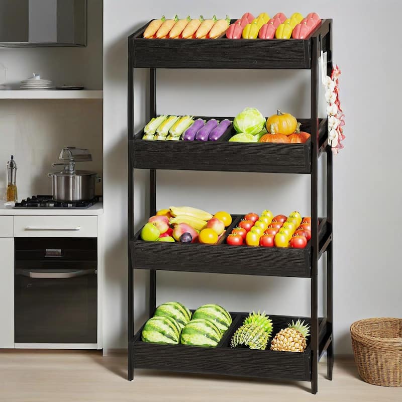 4 Tier Retail Display Rack Stand with Particleboard Shelves Metal Frame and Hooks for Store Kitchen or Office Organization