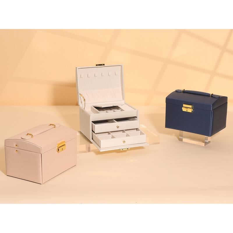 3 Layer Jewelry Box for Women, PU Leather Jewelry Organizer Case Storage Display Holder with Drawer, Removable Jewelry Tray