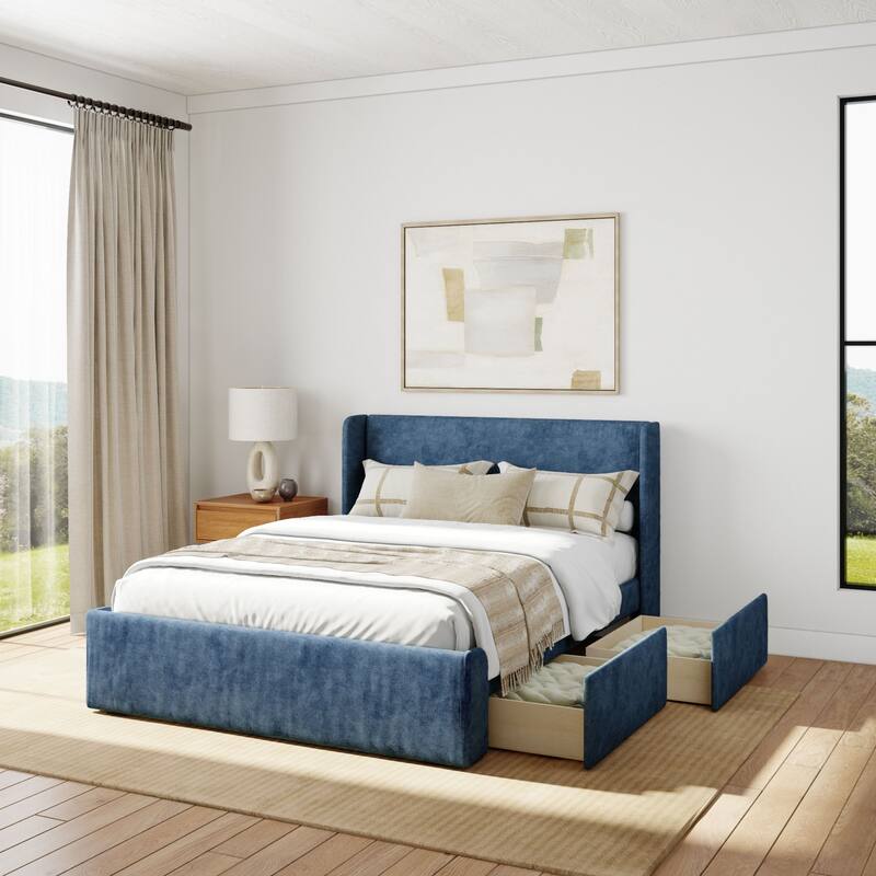 Plank and Beam Full-Size Upholstered Bed with Rectangular Headboard - Blue