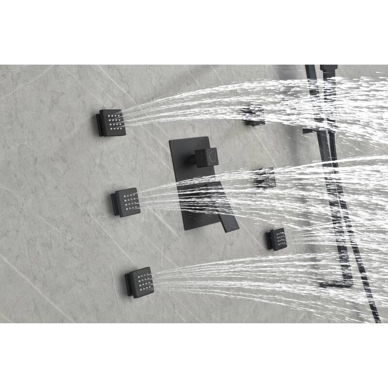 Wall mounted shower system with 6 body sprays and hand shower