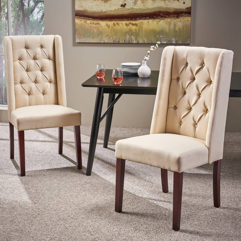 Wingback Upholstered Dining Chairs Set of 2, Fabric Side Dining Room Chairs with Tufted Button, Home Kitchen Wood Chairs