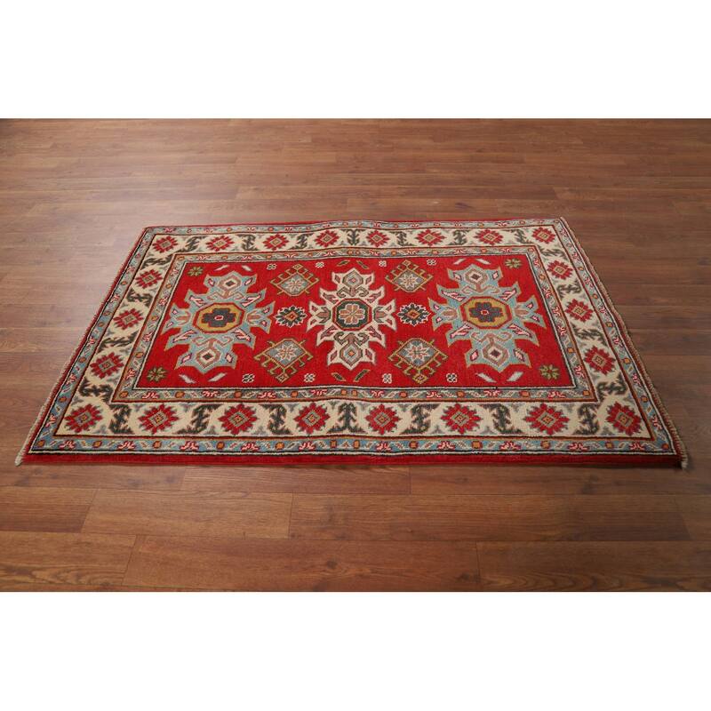 Red Kazak Foyer Rug Hand-Knotted Geometric Bedroom Wool Carpet - 2'8"x 3'11"