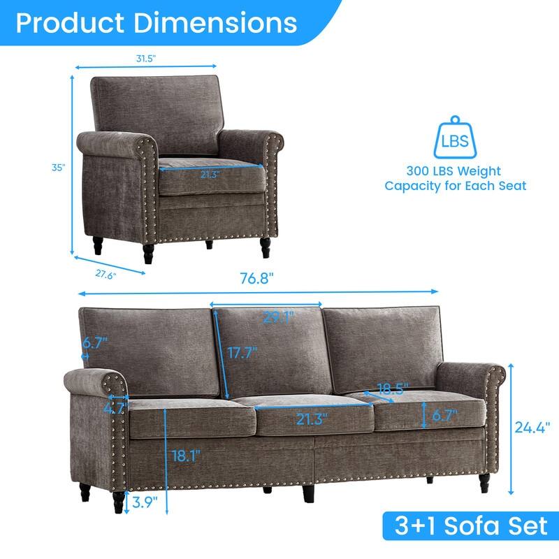 Mixoy Chenille Fabric 3-Seater Sofa Couch with Single Sofa Chair with Rivet Design,Solid Wood Gourd Legs for Living Room - 3+1