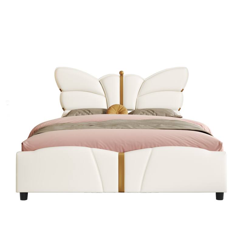 Full Size Upholstered PU Leather Bed Frame with Butterfly Headboard, Gold Metal Decor, No Box Spring Needed, Beige