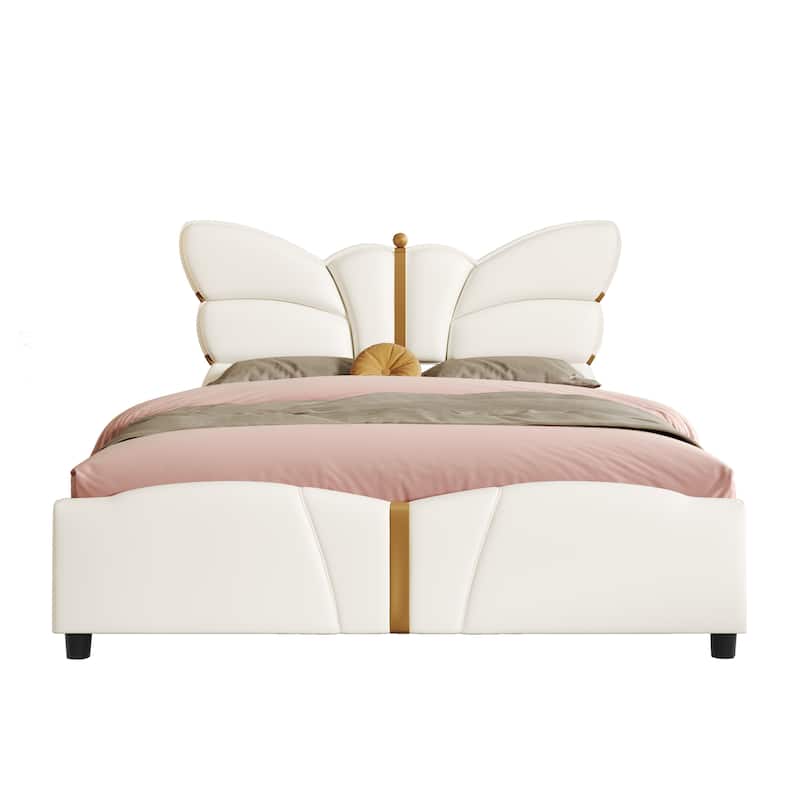 Queen Size Upholstered Bed Frame, with Butterfly Shaped Headboard and Footboard, Platform Bed Frame with Metal Decorations