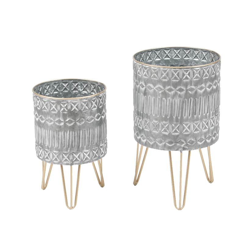 Aztec Grey Round Metal Planters with Gold Legs (Set of 2)