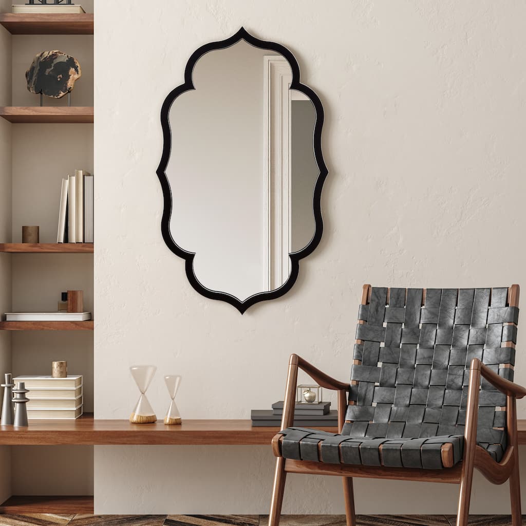 Curved Scalloped Wall Mirror on Black Matte Frame with Washed White Edges - 24" x 40" x 1"