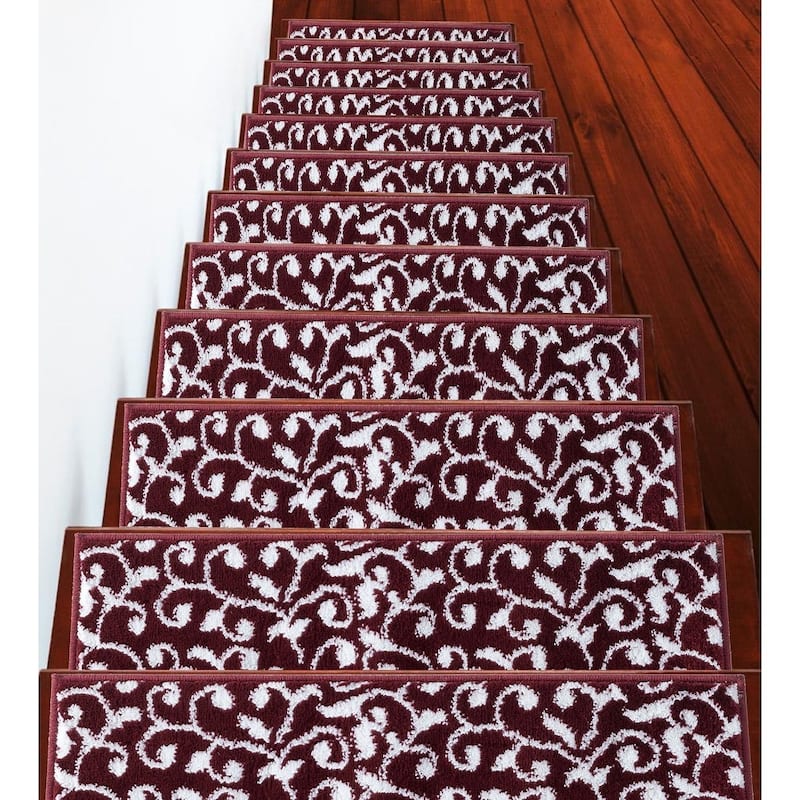 SussexHome Leaves Pattern Stair Treads - 13-PACK - Red-White