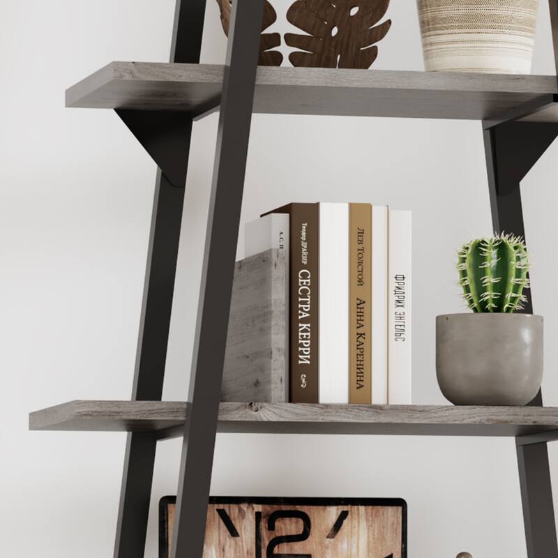 Bookshelf 5 Tier Industrial Wood, Tall Open Rustic Etagere Bookcase Ladder