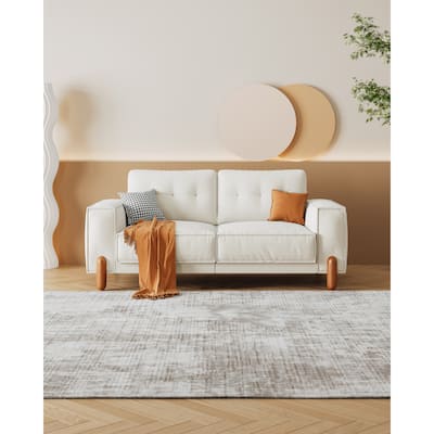 Teddy Fabric Upholstered Loveseat, Tufted Couch with Square Arm, 2 Seater Couch with Pillows and Solid Wood Legs