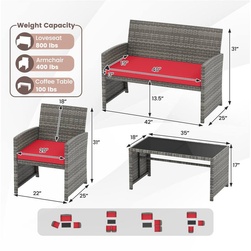 4 Piece Outdoor Patio Furniture Set Mix Gray PE Rattan Loveseat Armchairs and Tempered Glass Coffee Table with Cushions