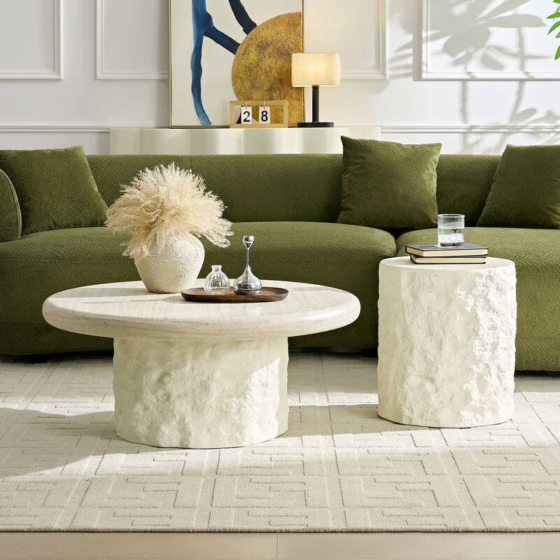 35.04" Fiberglass Round Center Coffee Table for Living Room,Imitation Stone Table front of the Sofa, Coffee Table