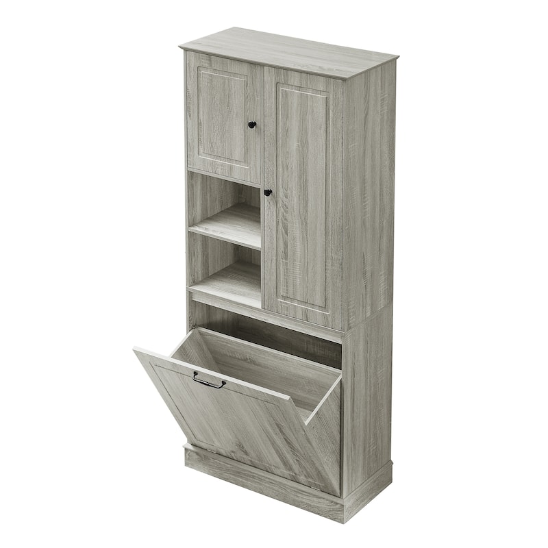 Storage Cabinet with Flip-Out Basket, Bathroom Cabinet with 2 Doors & Adjustable Shelves, Freestanding Floor Cabinet