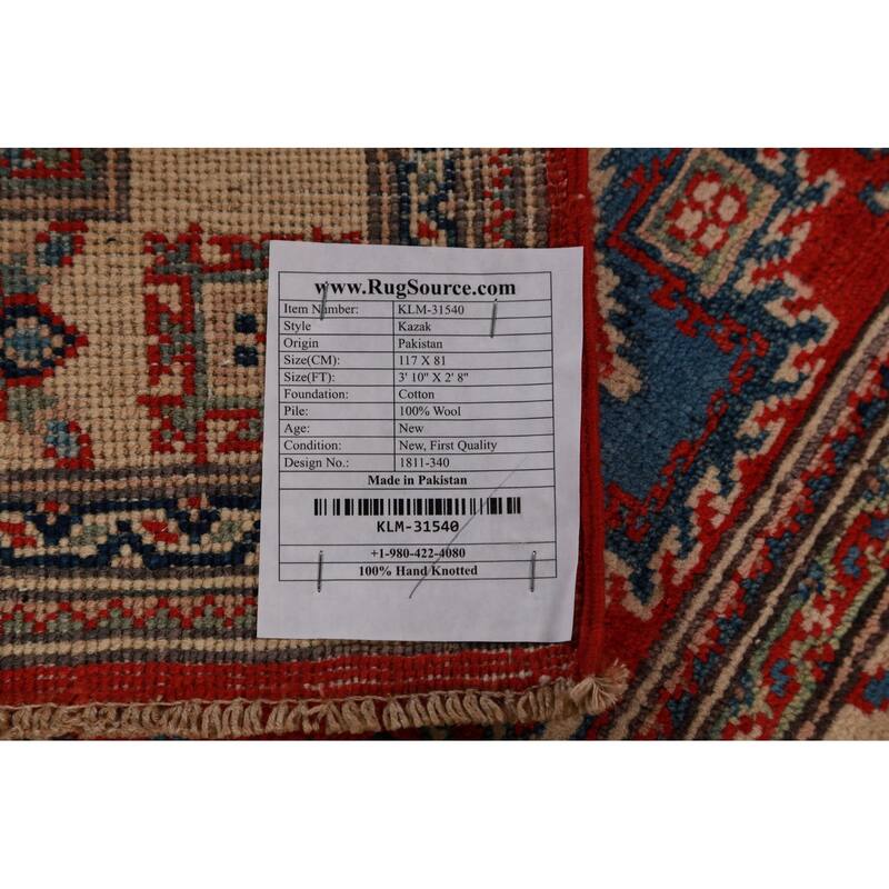 Geometric Kazak Foyer Rug Hand-Knotted Red Wool Carpet - 2'8"x 3'10"