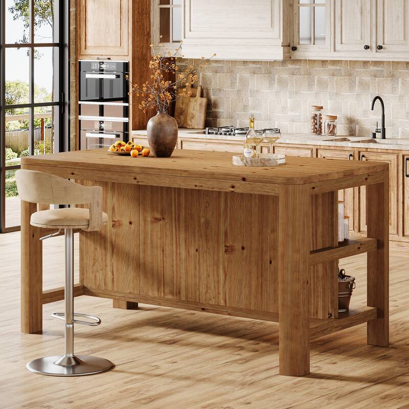 63'' Solid Wood Bar Table, Counter Height Pub Table with Storage Shelves - Brown