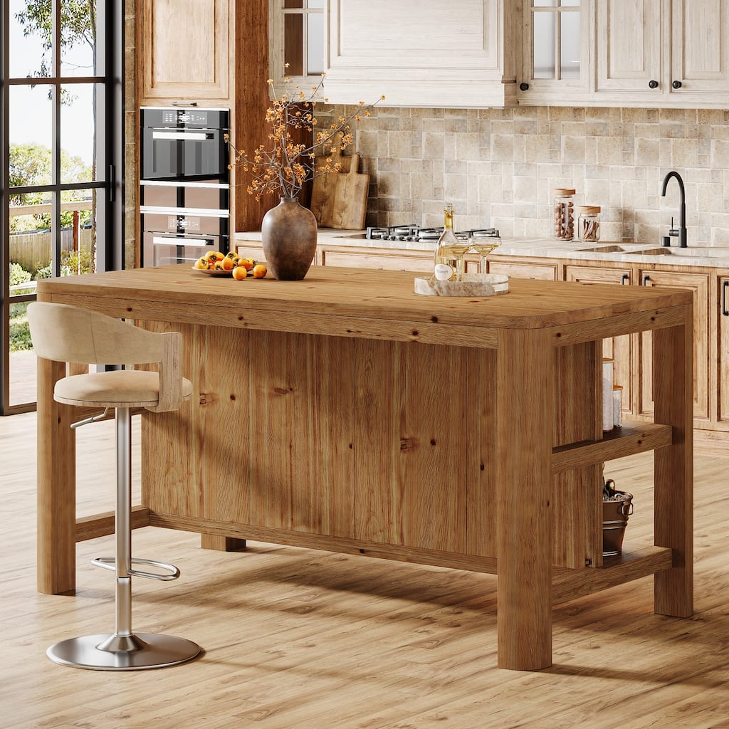 63'' Solid Wood Bar Table, Counter Height Pub Table with Storage Shelves