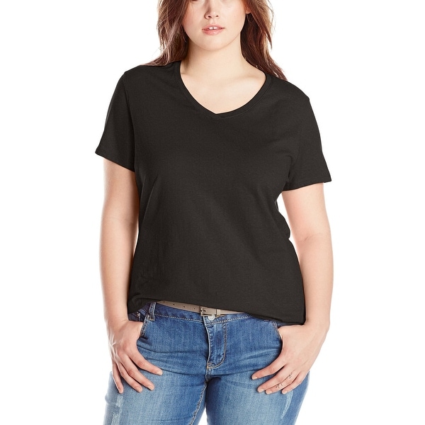 Just My Size Solid Deep Black Women's Size 5X Plus V-Neck Knit Top