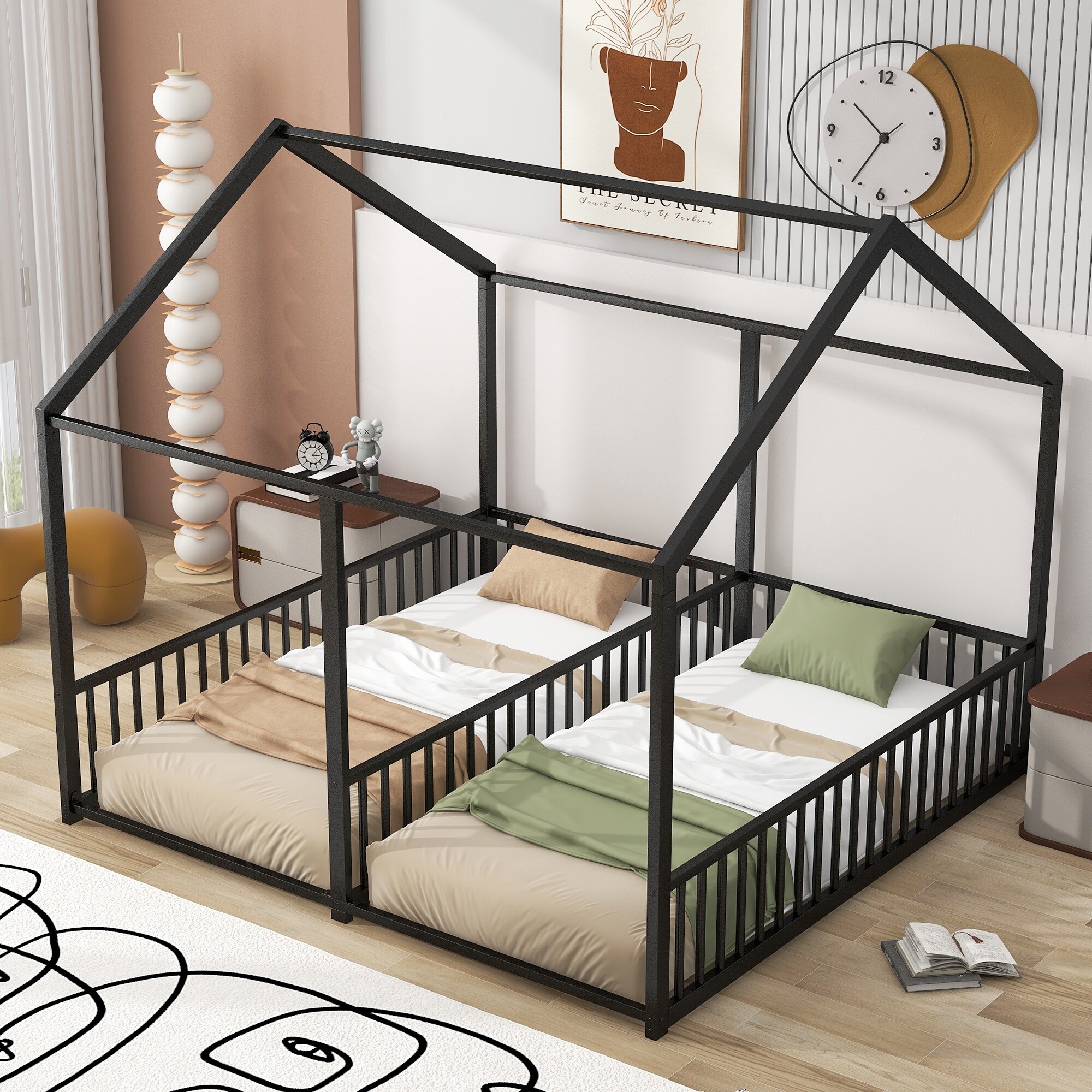 Kids House Bed Twin Montessori Floor Bed with Rails, Metal Double Twin  Platform Bed Frame for 2 Girls Boys, Two Shared Beds - On Sale - Bed Bath &  Beyond - 39493402