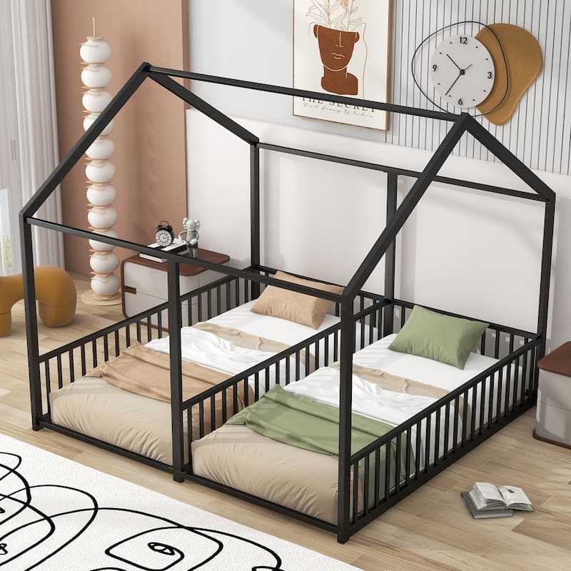 Metal Twin Size House Beds, Two Shared Beds, 2 in 1 Floor Beds Frame