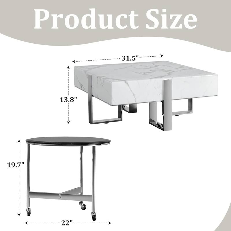 Modern Luxury Square Faux Marble Coffee Table Set Nesting Coffee Table with End Table