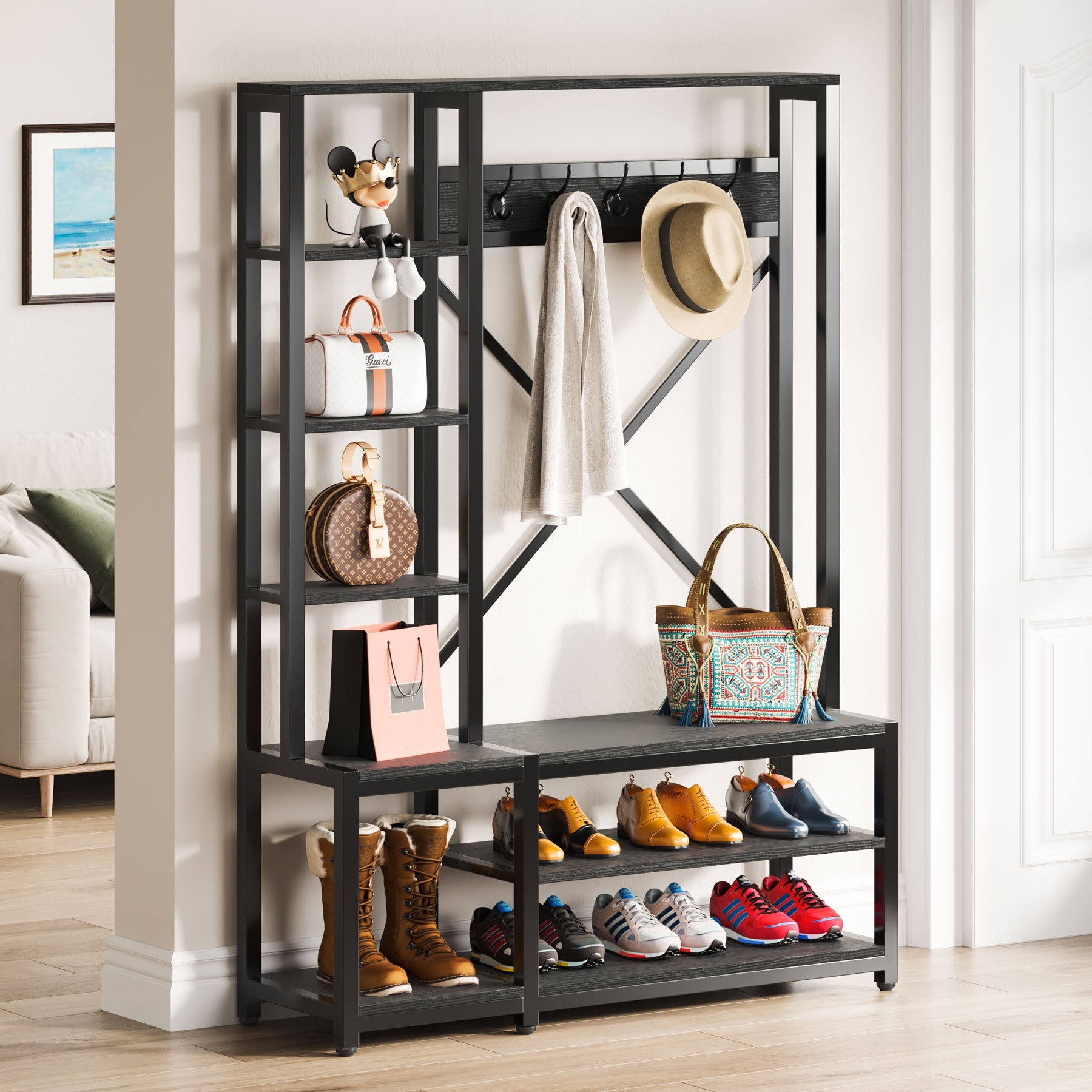 3 in 1 Hall Tree with Shoe Rack Entryway Coat Rack and Storage Bench