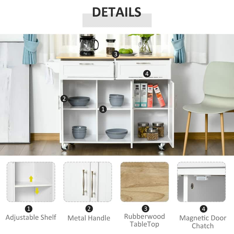 HOMCOM 48" Modern Kitchen Island Cart on Wheels with Storage Drawers, Rolling Utility Cart with Adjustable Shelves, Cabinets