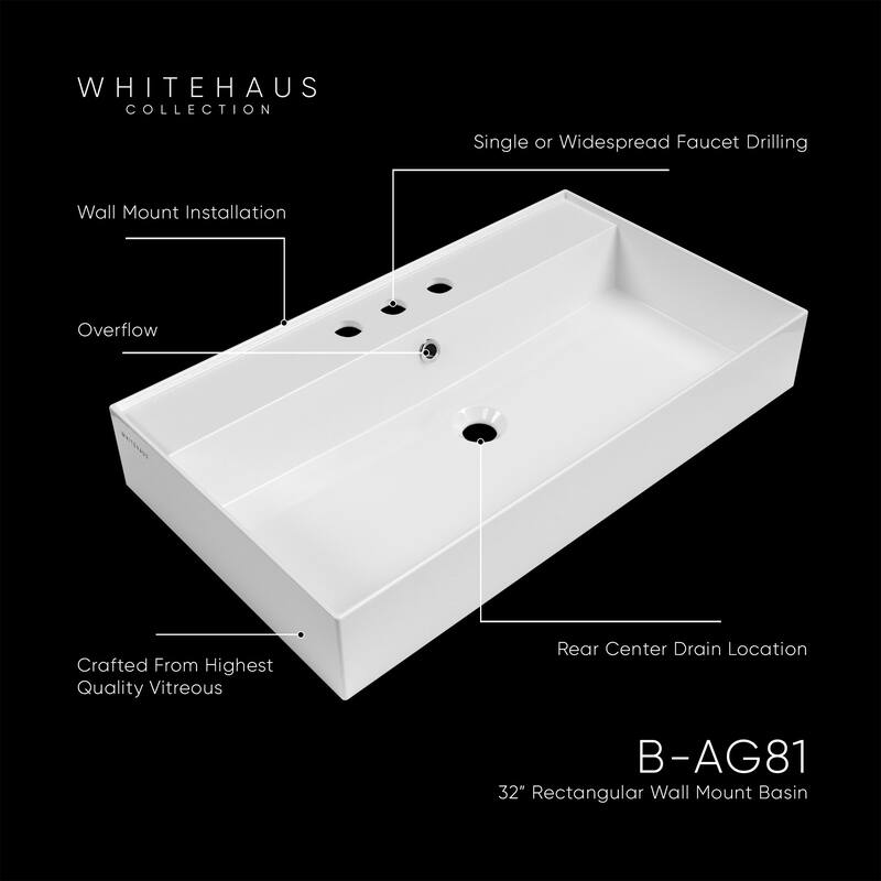 Whitehaus B-AG81-1H 31-7/8" Rectangular Vitreous China Wall Mounted