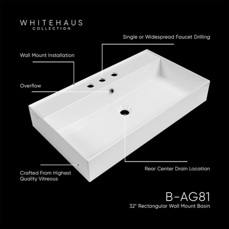 Whitehaus B-AG81-3H 31-7/8" Rectangular Vitreous China Wall Mounted