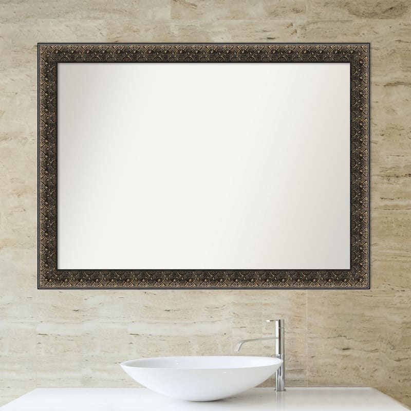Non-Beveled Wood Bathroom Wall Mirror - Intaglio Embossed Black Frame