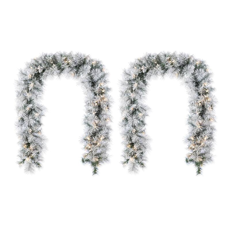 Glitzhome Pre-Lit Snow Flocked White/Greenery Pine Garland & Wreath & Teardrop - Set of 2 "6ft Garland" with Greenery Pine