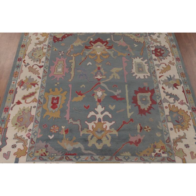 Floral Blue Oushak Area Rug Handmade Wool Carpet - 9'3"x 11'10"