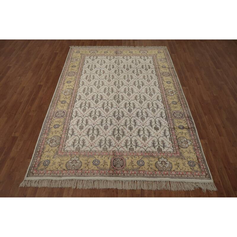 Hand Knotted Oriental Silk Carpet Traditional Floral Beige & Ivories Kashmir Area Rug - 8' 11'' X 6' 1''
