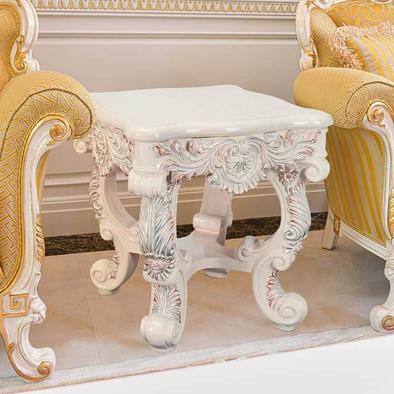 Ataa 28 Inch Square End Table, Ornate Floral Carvings, Claw Feet, White
