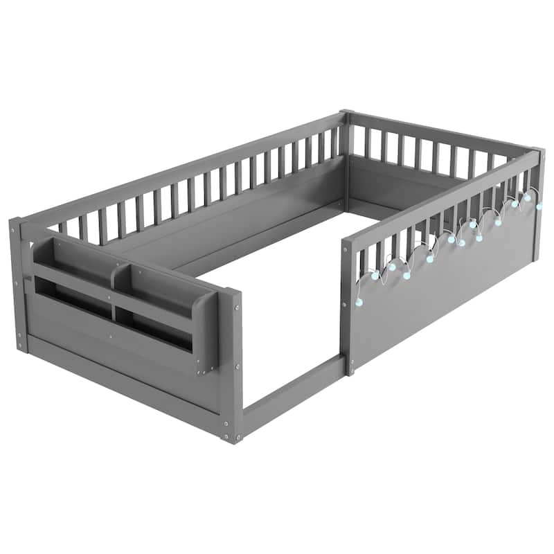 GDF Studio - Ellington Twin Montessori Floor Bed with High Rails, LED Light, and Storage Shelf