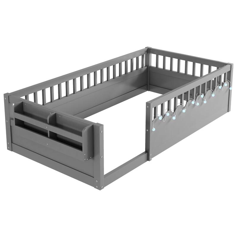 Twin Montessori Floor Bed Frame with High Rails, Wood Kids Floor Beds with Light and Storage Shelf, Natural