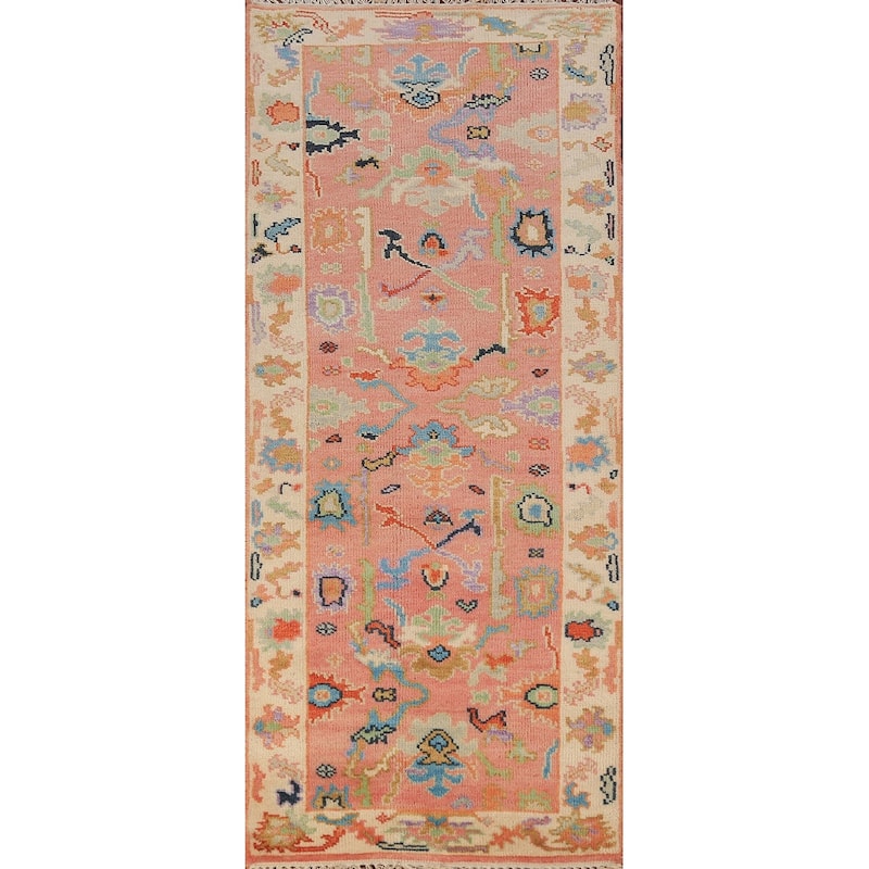 Pink Oushak Indian Runner Rug Handmade Wool Carpet - 2'7"x 7'9"