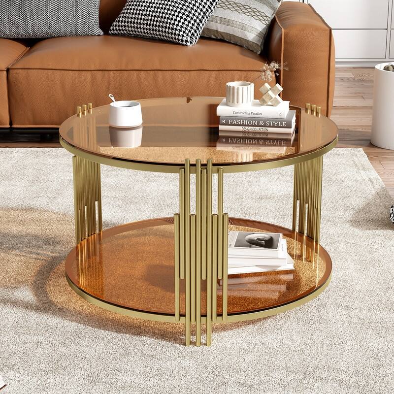 Modern Brown Glass Coffee Table, Asymmetrical Metal, Circular Metal Drum Base, Gold Finish & Lower Shelf